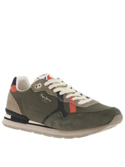 Baskets running en cuir kaki à semelle beige avec lacets plats écrus