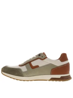 Baskets running en cuir kaki à talon plat avec des lacets écrus
