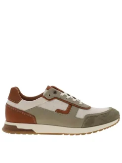 Baskets running en cuir kaki à talon plat avec des lacets écrus