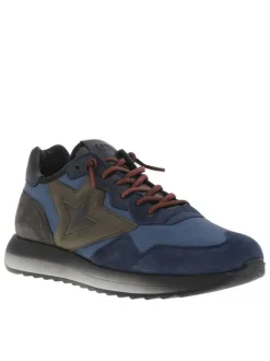 Baskets running en cuir nubuck bleu marine à lacets élastiqués rouges