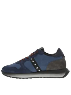 Baskets running en cuir nubuck bleu marine à lacets élastiqués rouges