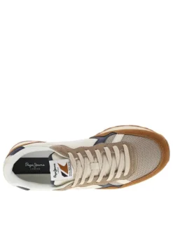 Baskets running en cuir tabac à talon plat avec lacets tressés et logo marine