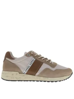 Baskets running en cuir taupe avec des motifs sur la semelle et des lacets ronds
