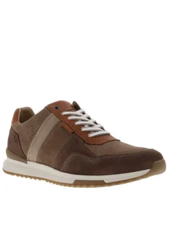 Baskets running en cuir taupe à talon plat avec des lacets tressés