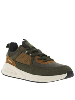 Baskets running kaki et marron à semelle blanche avec lacets ronds et logos