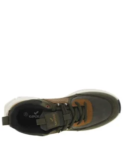 Baskets running kaki et marron à semelle blanche avec lacets ronds et logos