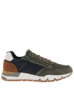 Baskets running kaki à semelle plate avec des lacets et un zip latéral