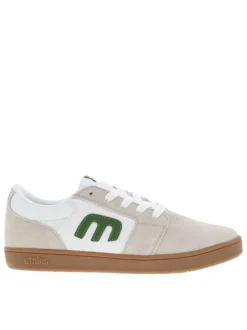 Baskets skate beiges en cuir à semelle marron avec logos verts et lacets plats