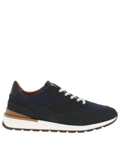 Baskets style running en cuir bleu marine à semelle semi-compensée et lacets