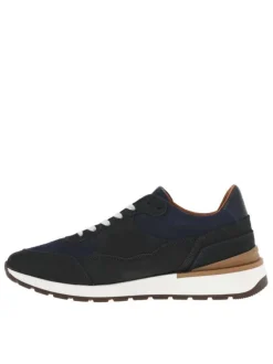 Baskets style running en cuir bleu marine à semelle semi-compensée et lacets