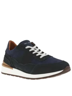 Baskets style running en cuir bleu marine à semelle semi-compensée et lacets