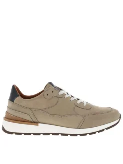 Baskets style running en cuir taupe à semelle semi-compensée et lacets