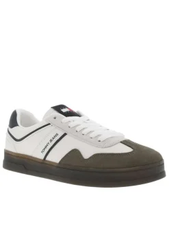 Baskets tennis blanches et kaki à talon plat avec logo et à lacets plats