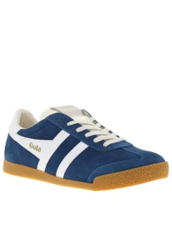Baskets tennis bleues en cuir avec semelle marron, à lacets plats et logo doré