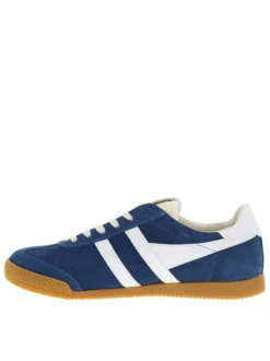 Baskets tennis bleues en cuir avec semelle marron, à lacets plats et logo doré