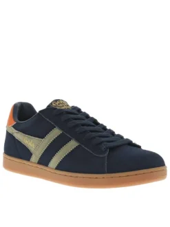 Baskets tennis en croûte de cuir bleues plates et à lacets plats kaki