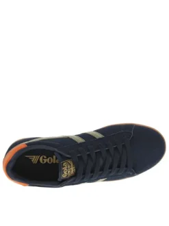 Baskets tennis en croûte de cuir bleues plates et à lacets plats kaki