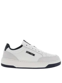 Baskets tennis en cuir blanches avec semelle et chevillière en bleu marine
