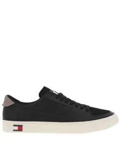Baskets tennis en cuir noires à semelle plate et à lacets plats