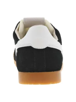 Baskets tennis noires en cuir à semelle camel avec lacets plats et logo doré