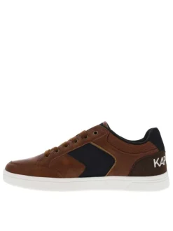 Baskets tennis simili cuir marron avec bandes en jean et lacets plats