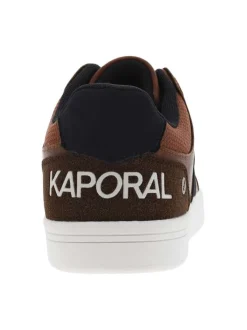 Baskets tennis simili cuir marron avec bandes en jean et lacets plats