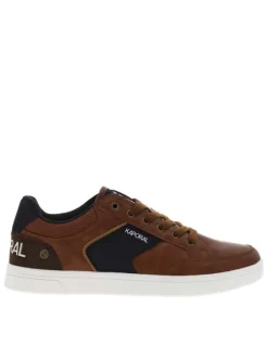 Baskets tennis simili cuir marron avec bandes en jean et lacets plats