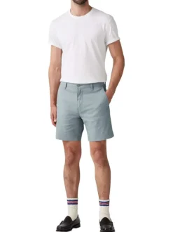 Bermuda chino en coton mélangé bleu uni à coupe droite avec des poches