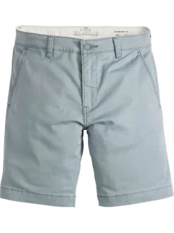 Bermuda chino en coton mélangé bleu uni à coupe droite avec des poches