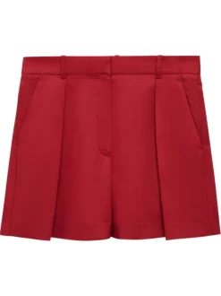 Bermuda chino en lin mélangé rouge uni avec des plis à l'avant et à coupe droite