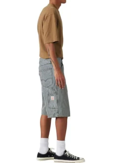 Bermuda denim 568 en coton bleu long à rayures blanches et à coupe loose