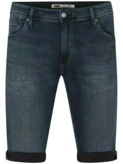 Bermuda 5 poches bleu nuit en coton légèrement délavé coupe droite à revers