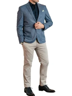 Blazer bleu avec un imprimé aspect denim et une coupe ajustée à poches