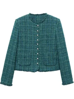 Blazer bleu imprimé avec une coupe droite à col rond et des poches