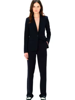 Blazer bleu marine uni à coupe cintré et à col v profond avec poches à rabat