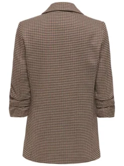 Blazer brun pied de poule avec une coupe droite à col v et des manches longues