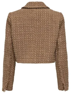 Blazer camel en tweed à coupe cropped col cranté et à manches longues