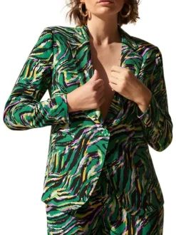 Blazer Clementine vert imprimé abstrait à coupe ajusté et col cranté
