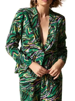 Blazer Clementine vert imprimé abstrait à coupe ajusté et col cranté