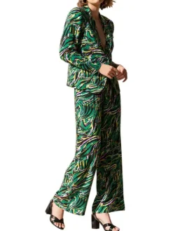 Blazer Clementine vert imprimé abstrait à coupe ajusté et col cranté