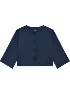 Blazer court marine uni avec une coupe droite et un col à revers