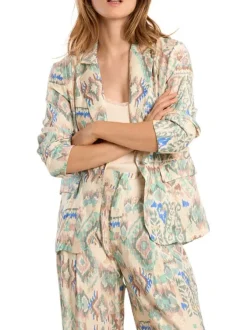 Blazer écru à motifs pourvu d'un col à revers et de manches longues