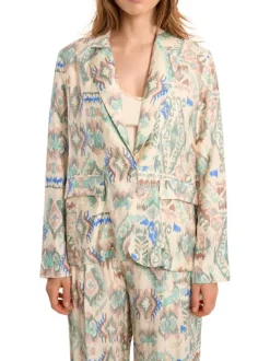 Blazer écru à motifs pourvu d'un col à revers et de manches longues