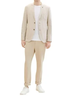 Blazer en coton et lin mélangé camel uni coupe droite col cubain