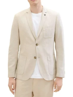 Blazer en coton et lin mélangé camel uni coupe droite col cubain