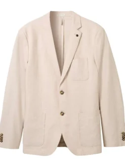 Blazer en coton et lin mélangé camel uni coupe droite col cubain