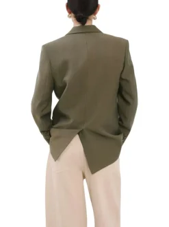 Blazer en coton kaki uni pourvu d'un col à revers et d'une coupe droite