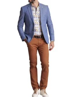 Blazer en coton mélangé bleu uni à coupe ajustée fermé par deux boutons