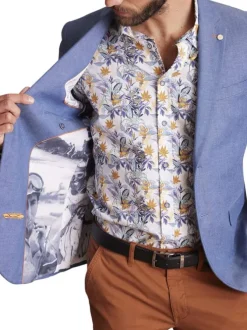 Blazer en coton mélangé bleu uni à coupe ajustée fermé par deux boutons