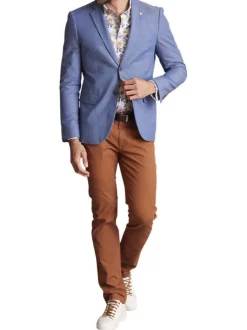 Blazer en coton mélangé bleu uni à coupe ajustée fermé par deux boutons